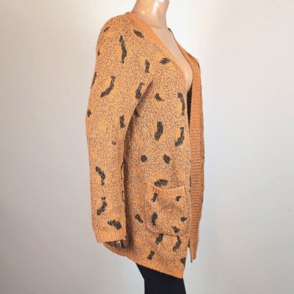 Woven Heart Open Longline Cardigan Sweater Fuzzy Leopard Print Winter Knit - Picture 8 of 11